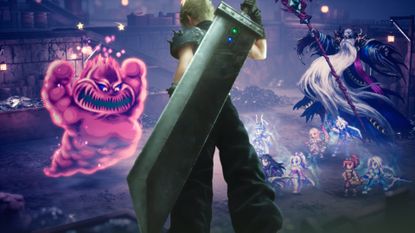 Cloud Strife from the Final Fantasy 7 Remake trilogy is superimposed onto a battle screen in Final Fantasy Resonance as he stands, back turned, clutching the hilt of the Buster Sword