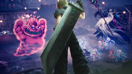Cloud Strife from the Final Fantasy 7 Remake trilogy is superimposed onto a battle screen in Final Fantasy Resonance as he stands, back turned, clutching the hilt of the Buster Sword