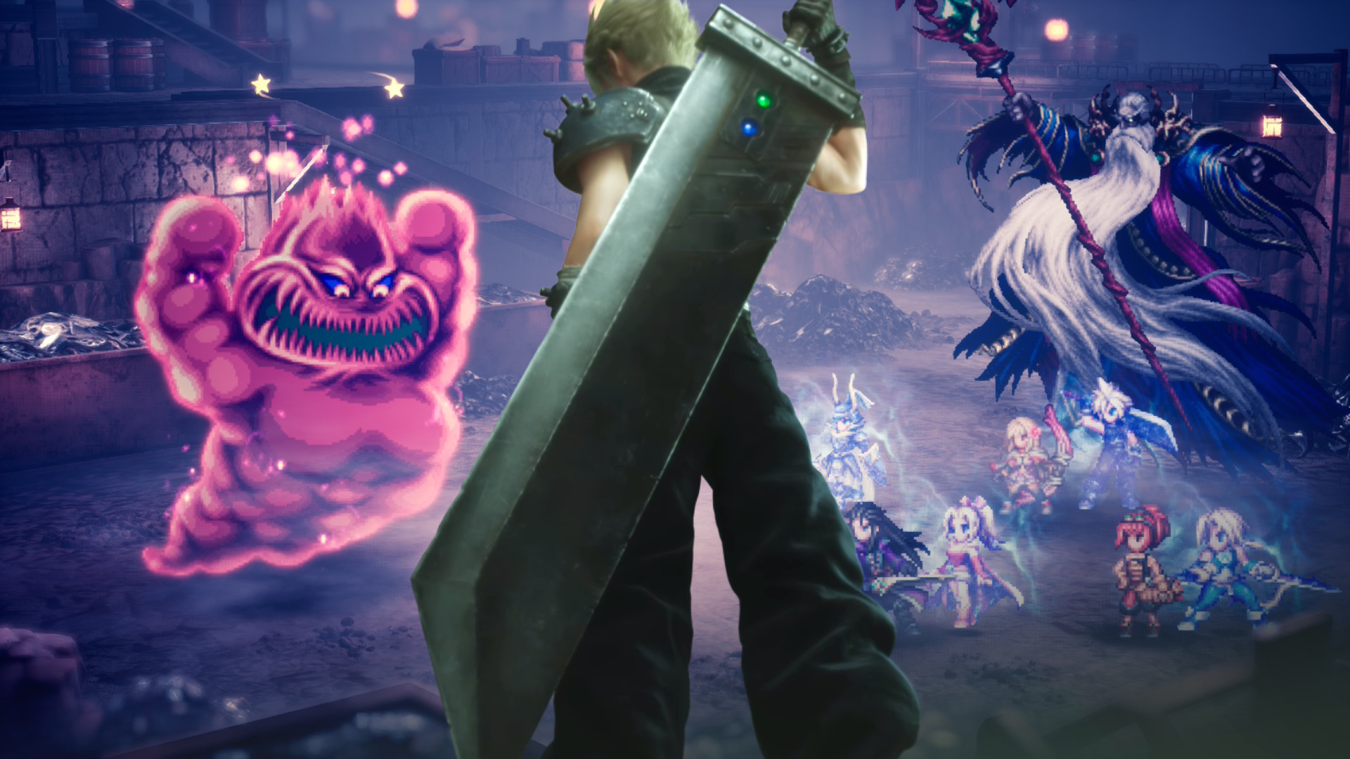 Cloud Strife from the Final Fantasy 7 Remake trilogy is superimposed onto a battle screen in Final Fantasy Resonance as he stands, back turned, clutching the hilt of the Buster Sword
