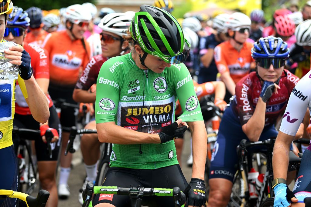 PLANCHE DES BELLES FILLES FRANCE JULY 31 Marianne Vos of Netherlands and Jumbo Visma Women Team Green Points Jersey prior to the 1st Tour de France Femmes 2022 Stage 8 a 1233km stage from Lure to La Super Planche des Belles Filles TDFF UCIWWT on July 31 2022 in Planche des Belles Filles France Photo by Dario BelingheriGetty Images
