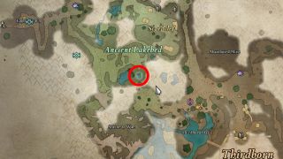 Avowed Robe of the Arcane Cheater treasure map location - A map showing the location of the treasure in the Ancient Lakebed of Shatterscarp.