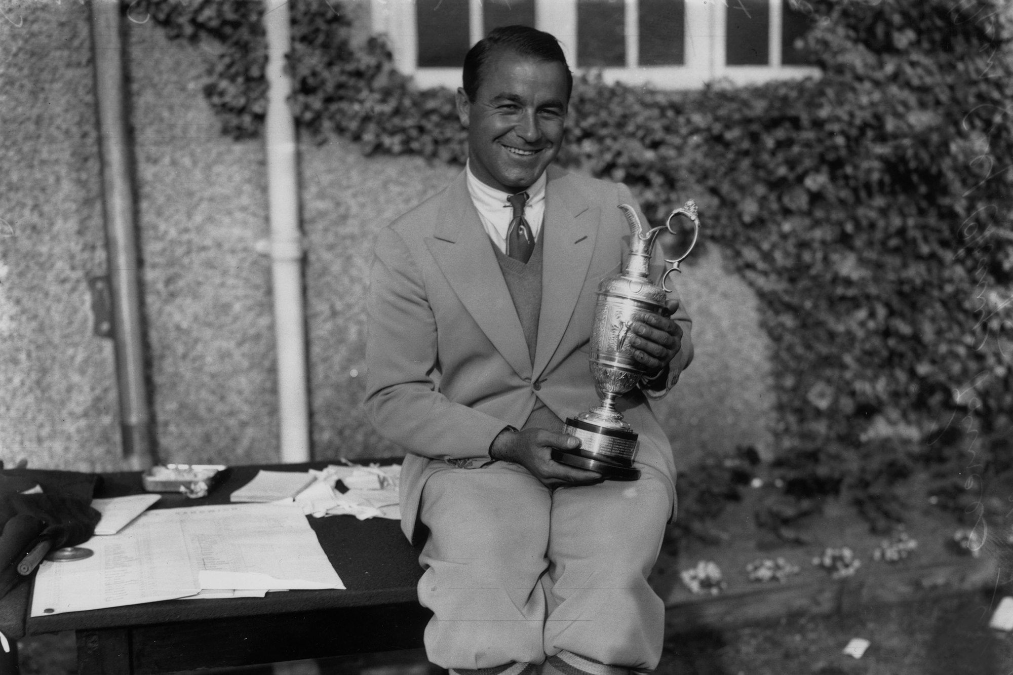 Gene Sarazen holding the Claret Jug after winning the Open Championship