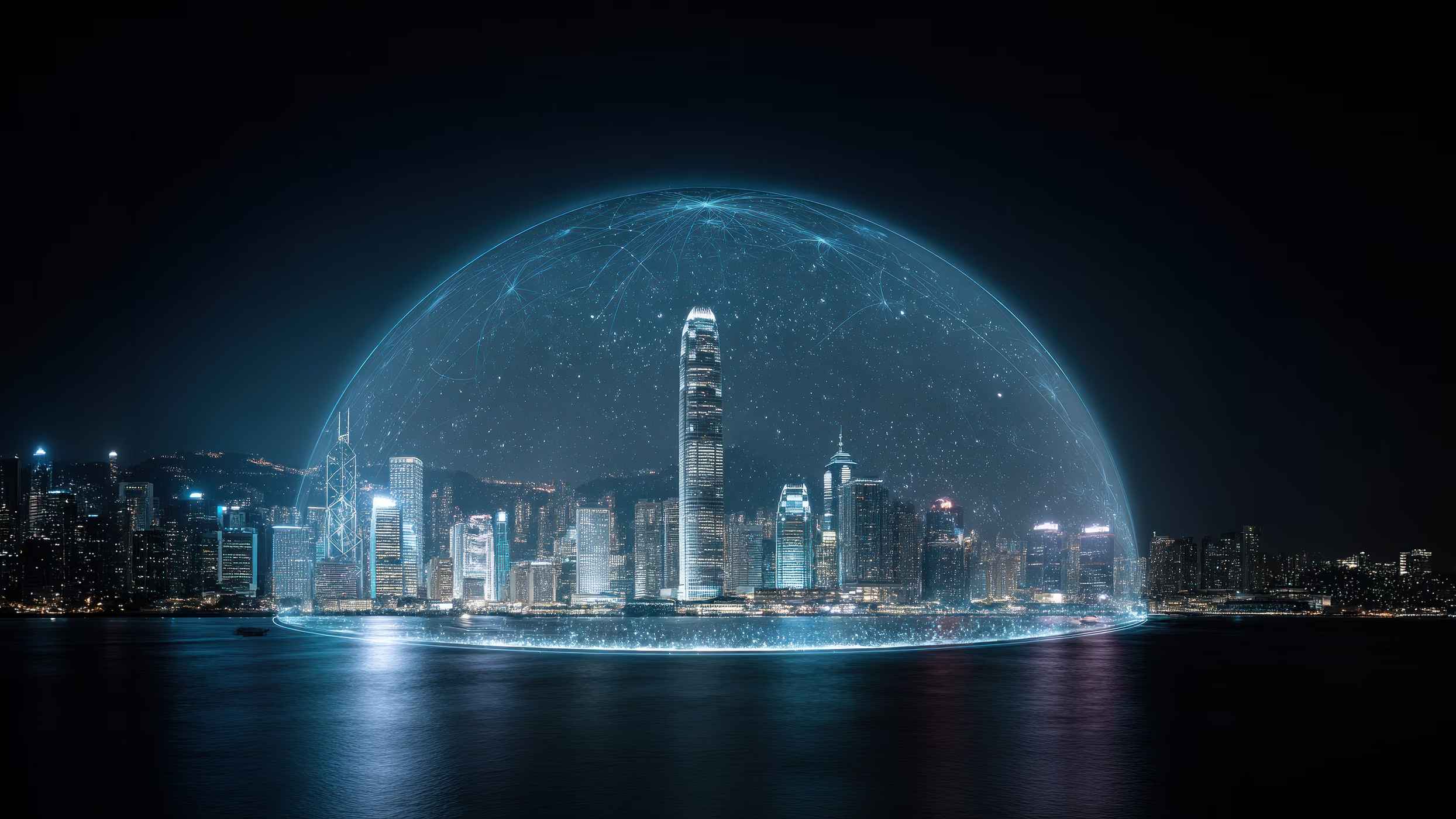 Digital dome over city skyline
