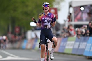 BERG EN TERBLIJT, NETHERLANDS - APRIL 20: (EDITOR'S NOTE: Alternate crop) Mischa Bredewold of Netherlands and Team SD Worx - Protime celebrates at finish line as race winner during the 11th Amstel Gold Race Ladies Edition 2025 a 157.4km one day race from Maastricht to Berg en Terblijt / #UCIWWT / on April 20, 2025 in Berg en Terblijt, Netherlands. (Photo by Luc Claessen/Getty Images)