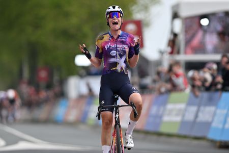 BERG EN TERBLIJT, NETHERLANDS - APRIL 20: (EDITOR'S NOTE: Alternate crop) Mischa Bredewold of Netherlands and Team SD Worx - Protime celebrates at finish line as race winner during the 11th Amstel Gold Race Ladies Edition 2025 a 157.4km one day race from Maastricht to Berg en Terblijt / #UCIWWT / on April 20, 2025 in Berg en Terblijt, Netherlands. (Photo by Luc Claessen/Getty Images)
