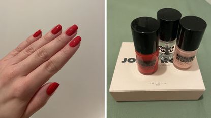 valeza with red nails and jones road the nail polish kit