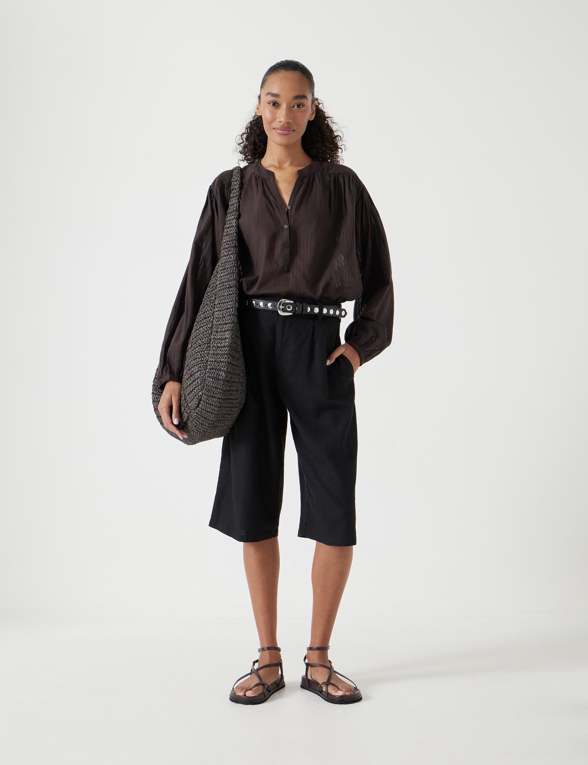 Linen Blend High Waisted Bermuda Shorts