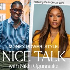 A photo of Nikki Ogunnaike with an inset photo of Cari Champion and text reading Money. Power. Style. Nice Talk with Nikki Ogunnaike