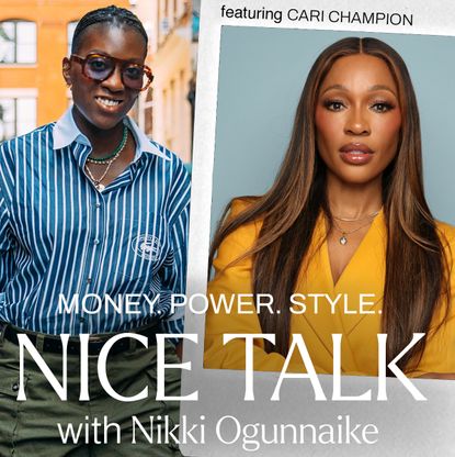 A photo of Nikki Ogunnaike with an inset photo of Cari Champion and text reading Money. Power. Style. Nice Talk with Nikki Ogunnaike
