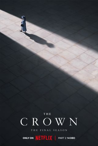 The Crown season 6 promotional poster featuring the Queen walking in the light of an open doorway