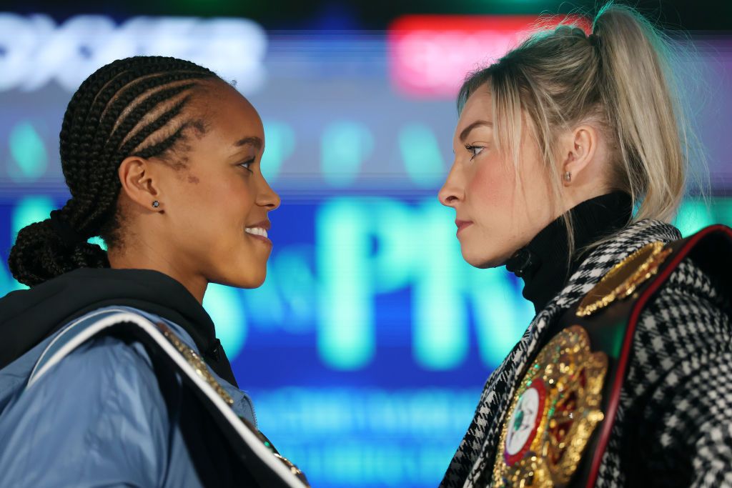 Natasha Jonas (L) and Lauren Price (R) face off during the Natasha Jonas vs Lauren Price: Unstoppable Press Conference at Dorchester Hotel on January 21, 2025 in London, England.