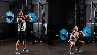 Man demonstrates two positions of the front squat, holding a barbell on the front of his shoulders