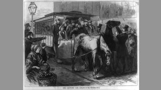 Henry Bergh (in top hat) stopping an overcrowded horsecar, from Harper’s Weekly, Sept. 21, 1872.