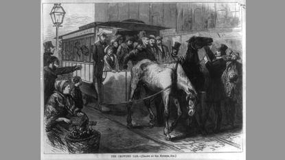 Henry Bergh (in top hat) stopping an overcrowded horsecar, from Harper&rsquo;s Weekly, Sept. 21, 1872.