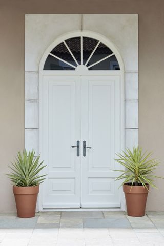 Double front door in white with plants either side