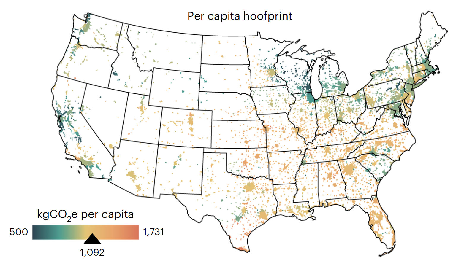 Map of the mainland United States with cities colour-coded by meat-related carbon dioxide emissions.