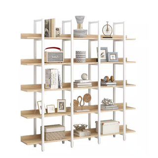 large wall-mounted bookshelf with white frame and oak shelves