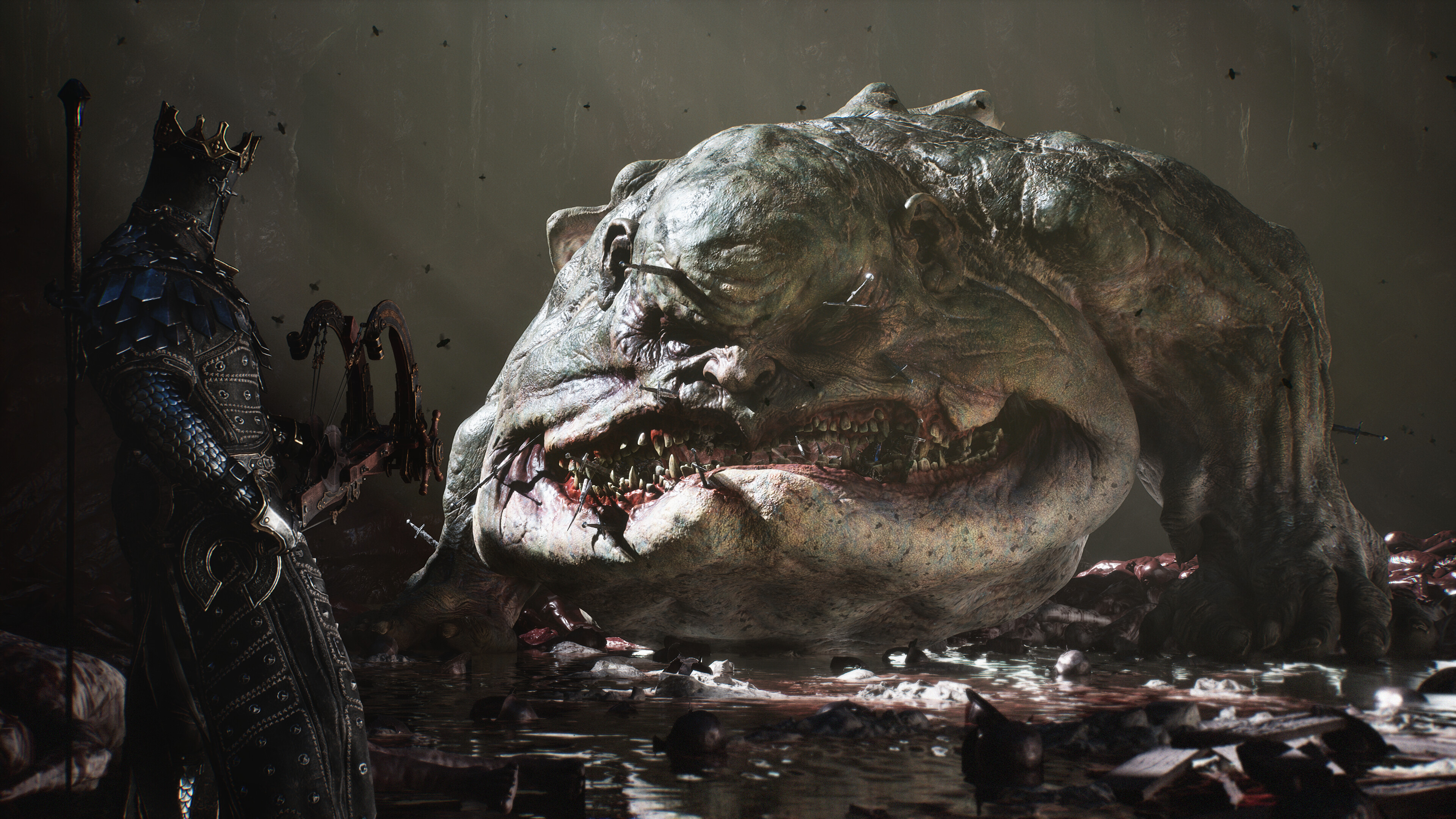Promotional screenshot of the player fighting a disgusting demon in Mortal Shell 2