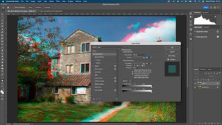 A Photoshop screenshot of a 3D anaglyph, with the Layers Style window open