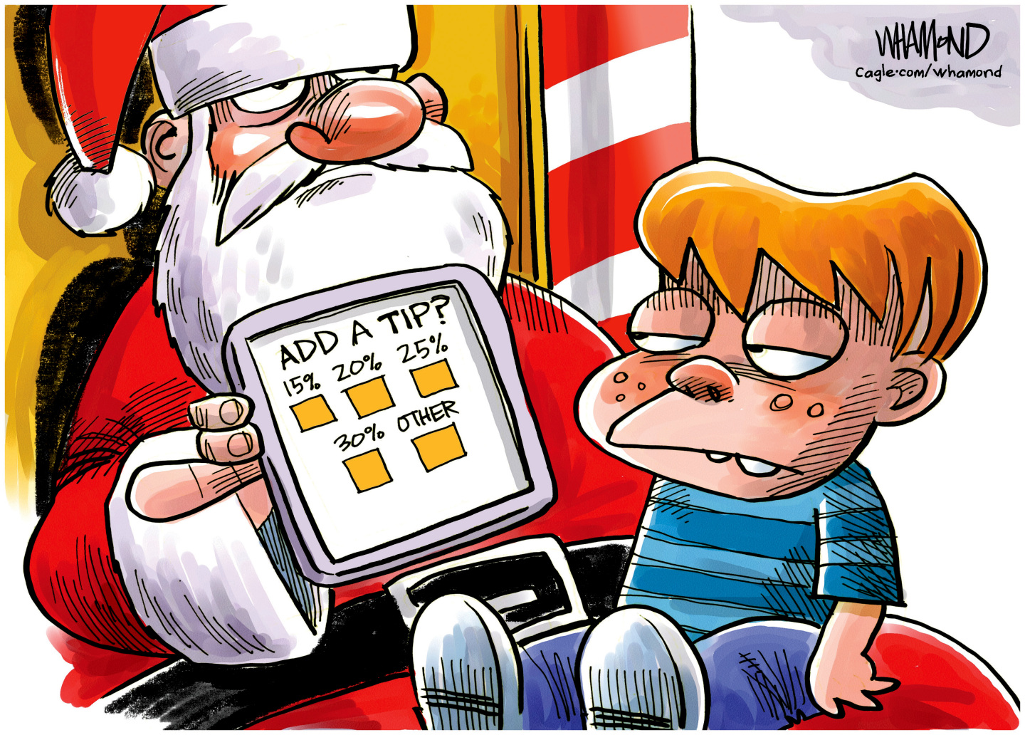 A young boy sits on Santa&amp;rsquo;s lap. Both Santa and the boy. Santa holds a tablet that reads &amp;ldquo;Add a tip?&amp;rdquo; and has buttons to tap for 15%, 20%, 25%, 30% and other.