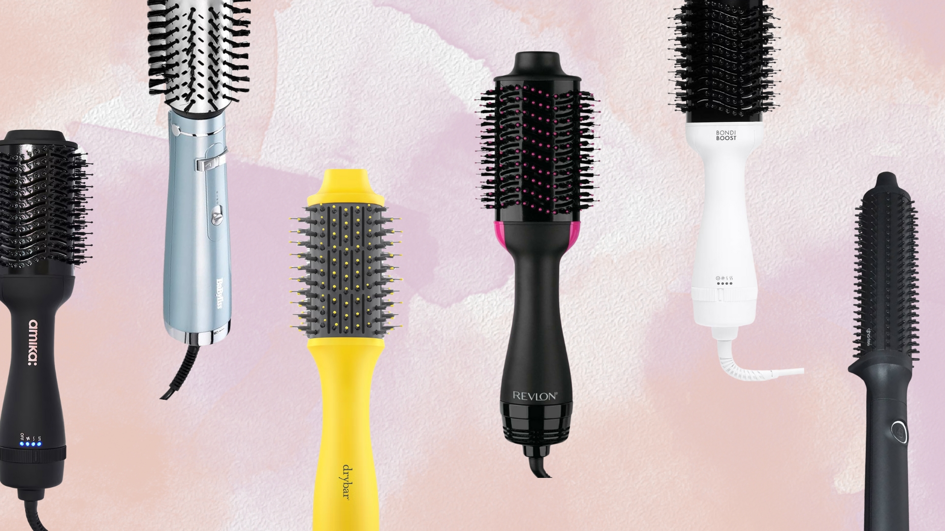 Collage of the best hot brushes on a pink and purple watercolour background (L-R) Amika, Babyliss, Drybar, Revlon, Bondi Boost and Ghd