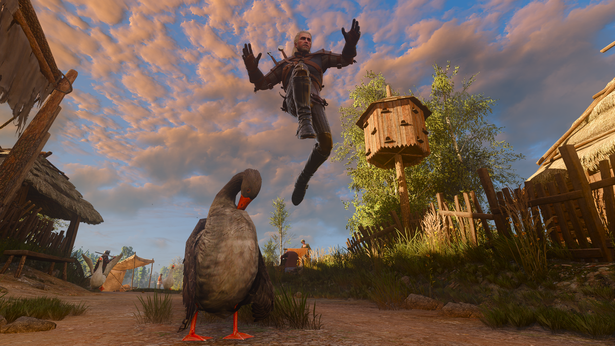 Geralt stunts on a goose.