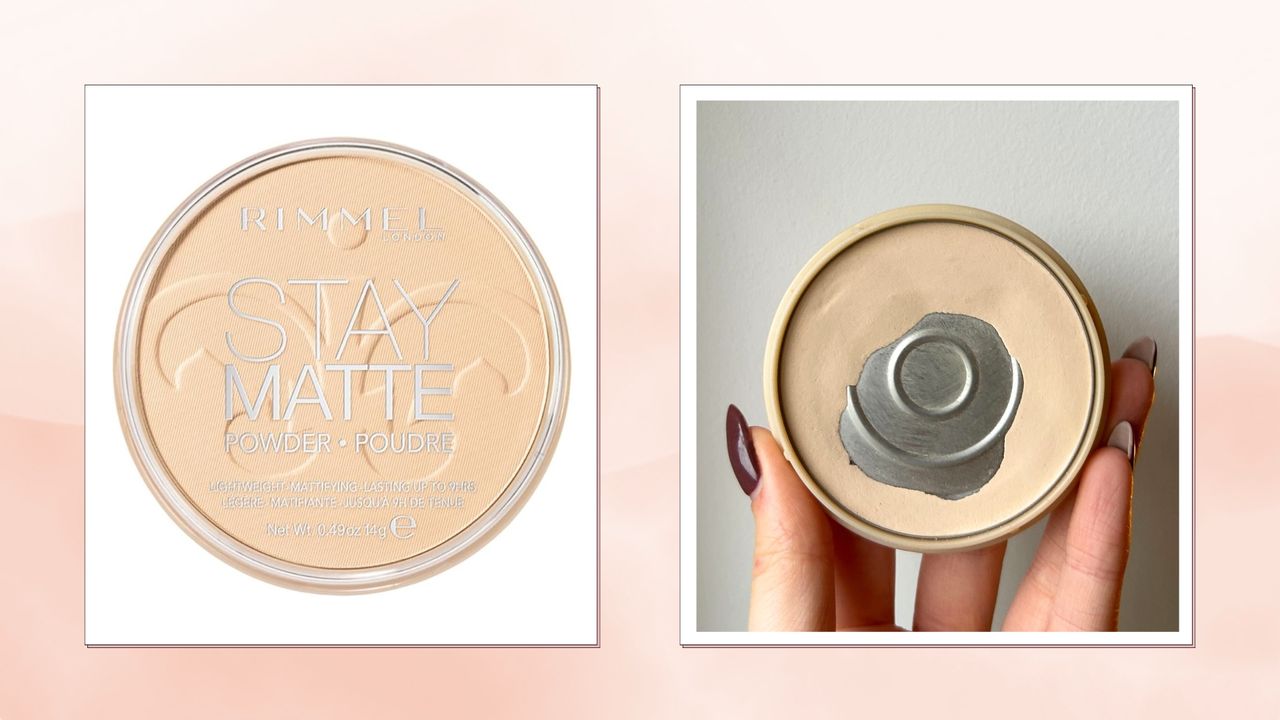 (L-R) Cut-out image of Rimmel Stay Matte Pressed Powder and image of hand holding a used Rimmel Stay Matte Pressed Powder, on a pink watercolour background