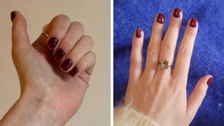 Two close-ups of Digital Beauty Writer, Naomi's hand, seen with a burgundy short squoval manicure in different lightings