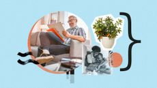 Photo collage of an older man looking at records in an armchair, with a record player in the foreground; a teenage son handing a wrapped gift to his dad, hugging; and a product shot of a calamondin tree in a small plant pot.