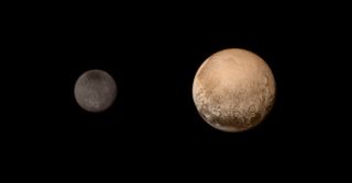 This composite image shows color views of Pluto (right) and its largest moon Charon as they appeared on July 11, 2015 to NASA's New Horizons spacecraft ahead of a historic flyby on July 14.