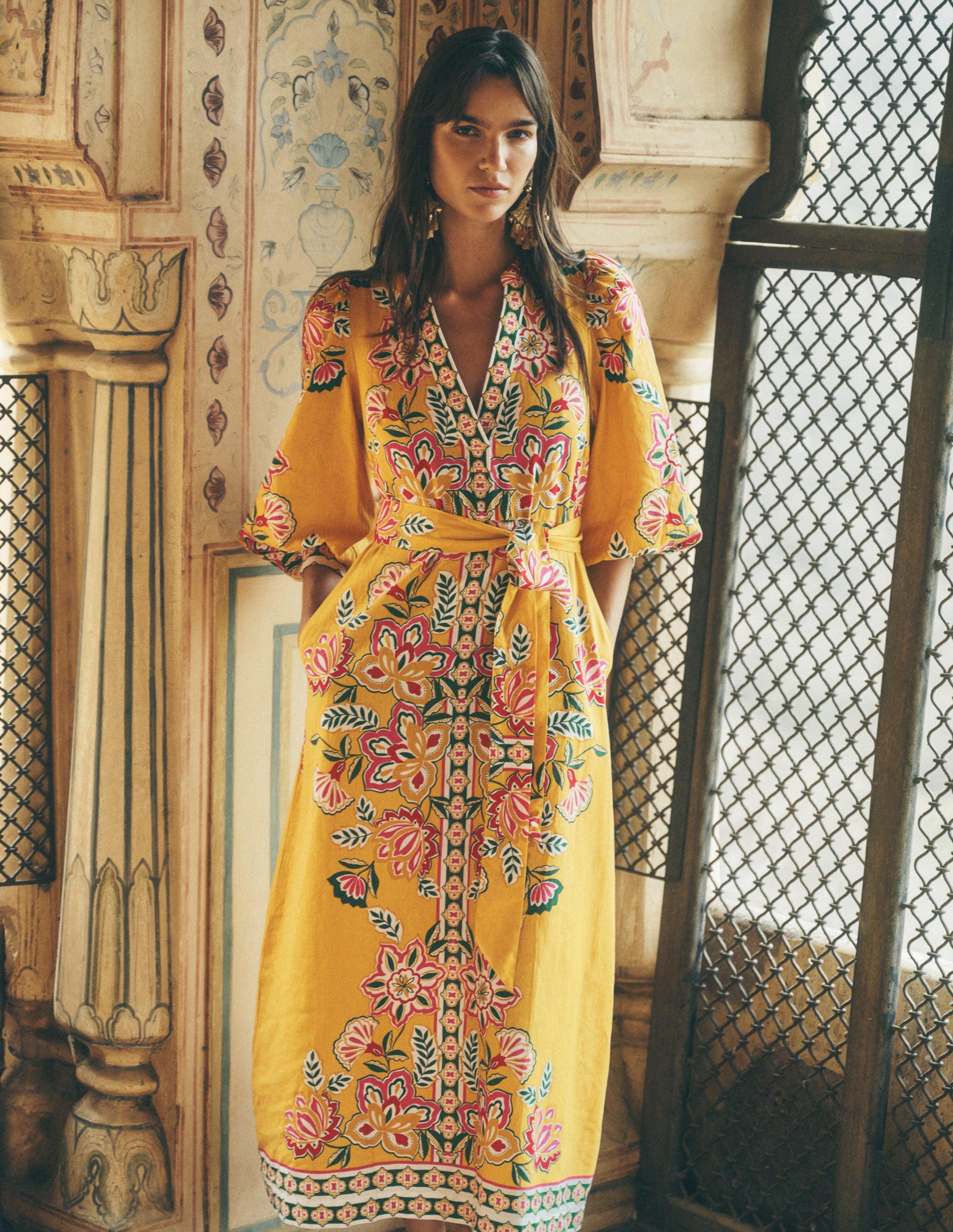 Octavia Linen Blend Dress-Yellow Blossom Elegance