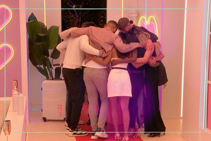 a split template showing Love island finalists sharing a group hug together in the villa