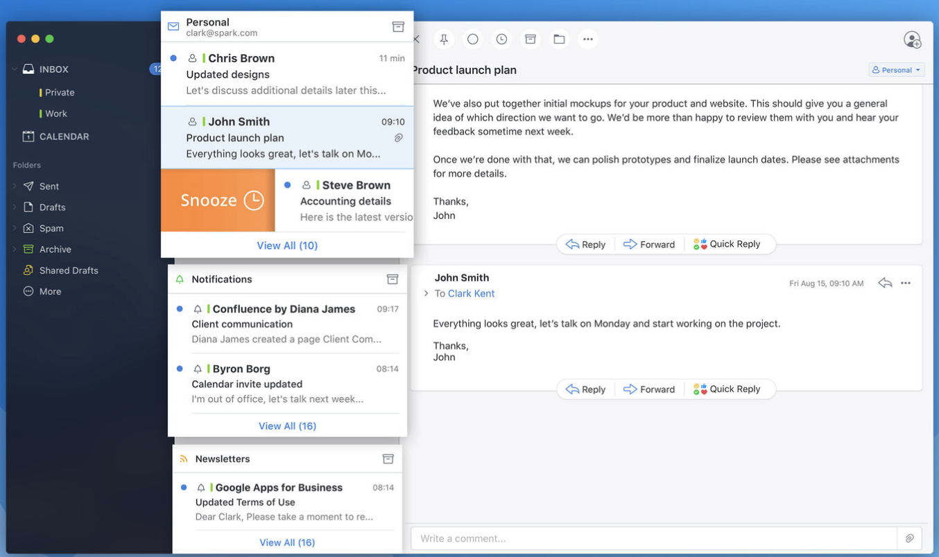 A screenshot shows the interface of the Spark email application, featuring a dark sidebar navigation menu on the left and a main pane displaying an opened "Product launch plan" email thread alongside an organized inbox list categorized into personal emails, notifications, and newsletters.