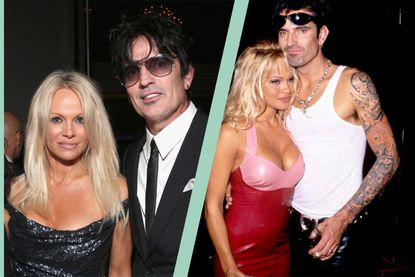 a split template showing Pamela Anderson with Tommy Lee in 2015 and again in 1994
