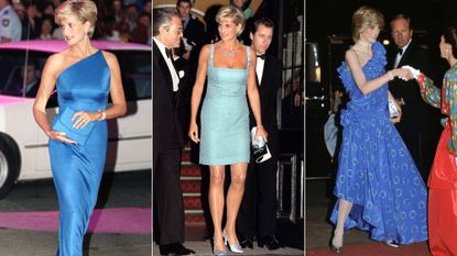Princess Diana wears blue one shoulder dress