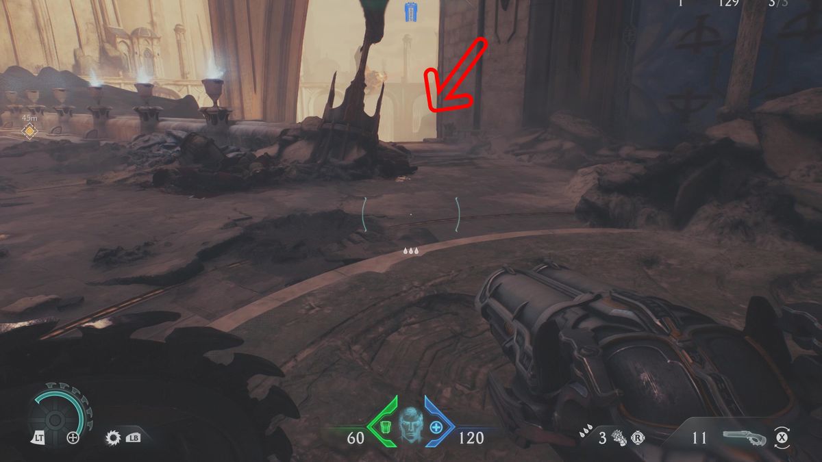 Doom: The Dark Ages Holy City of Aratum secrets - An arrow pointing to a path hidden of a ledge to the side of a bridge.