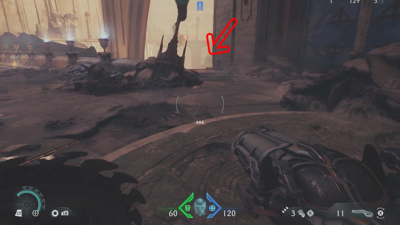 Doom: The Dark Ages Holy City of Aratum secrets - An arrow pointing to a path hidden of a ledge to the side of a bridge.