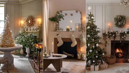 Quiet luxury christmas decor ideas. Fireplace decorated with white and gold decor, cozy room with decorated fireplace, drinks trolley and table, minimalist christmas decor in living room.