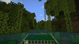 Minecraft - A player holds a map while standing in a swamp surrounded by mangrove trees.