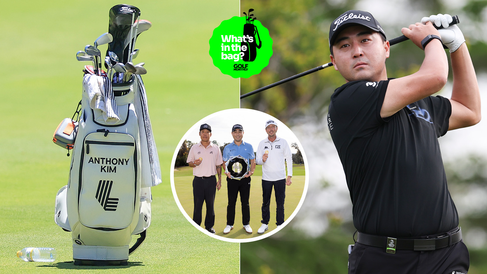 Anthony Kim's golf bag, Richard T. Lee hitting a driver and three golfers pose for a photo