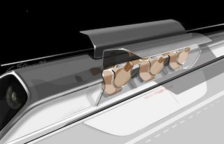 Hyperloop passenger capsule version with doors open at the station.