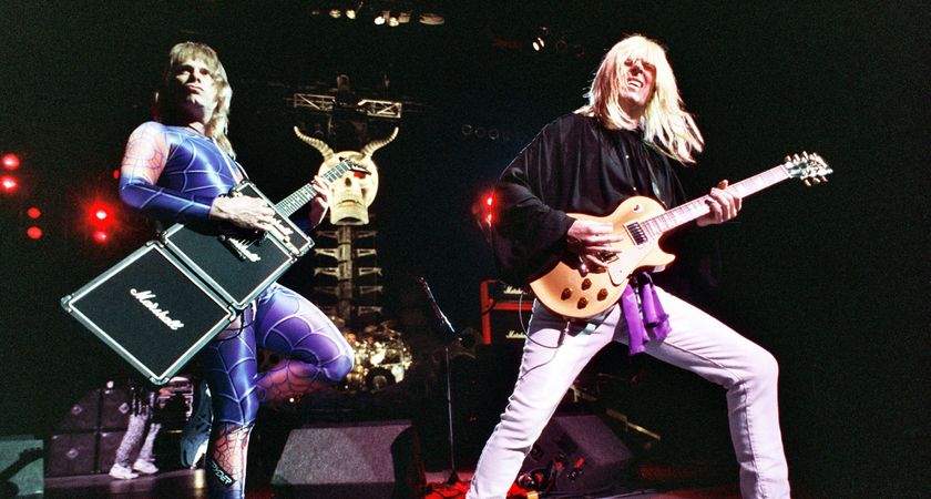 Spinal Tap&#039;s Nigel Tufnel plays a custom Marshall stack Jackson guitar while David St Hubbins sticks to the classic Les Paul in this live pic from 1992.
