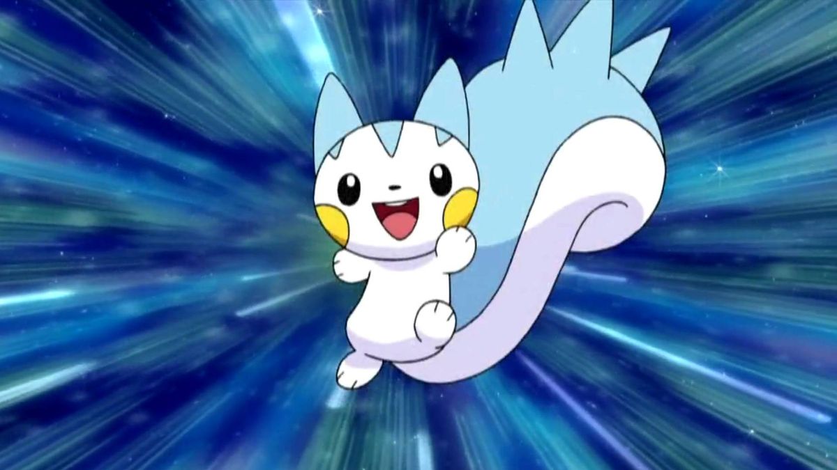 Pachirisu as seen in the Pokemon anime, facing towards the camera with a blue background.