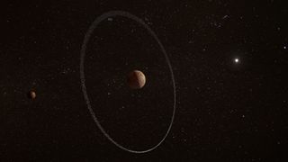 An artist’s impression of the dwarf planet Quaoar and its ring. Quaoar’s moon Weywot is shown on the left. 