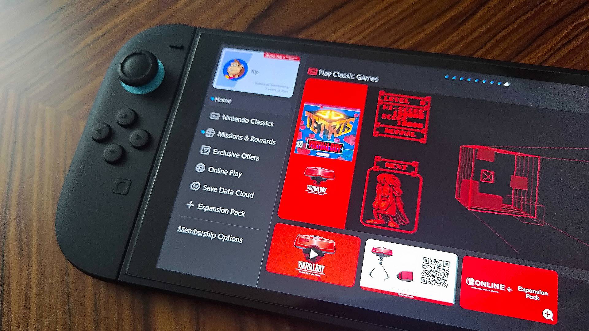 Close up of Switch Online app with Virtual Boy featured tab showing.