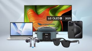 A collage of tech from the Very bank holiday sale, including an LG TV, Asus laptop, iPhone Air, Ninja slow cooker, Samsung earbuds and Meta Ray-Ban Glasses.
