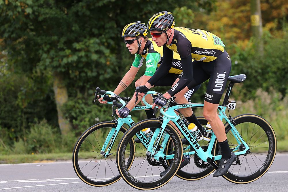 Race leader Lars Boom rides among teammates during stage 7 at the Tour of Britain