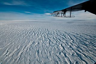 Image of the Pine Island Glacier, with crevasses shown near the grounding line, where the glacier makes contact with the Antarctic continent.