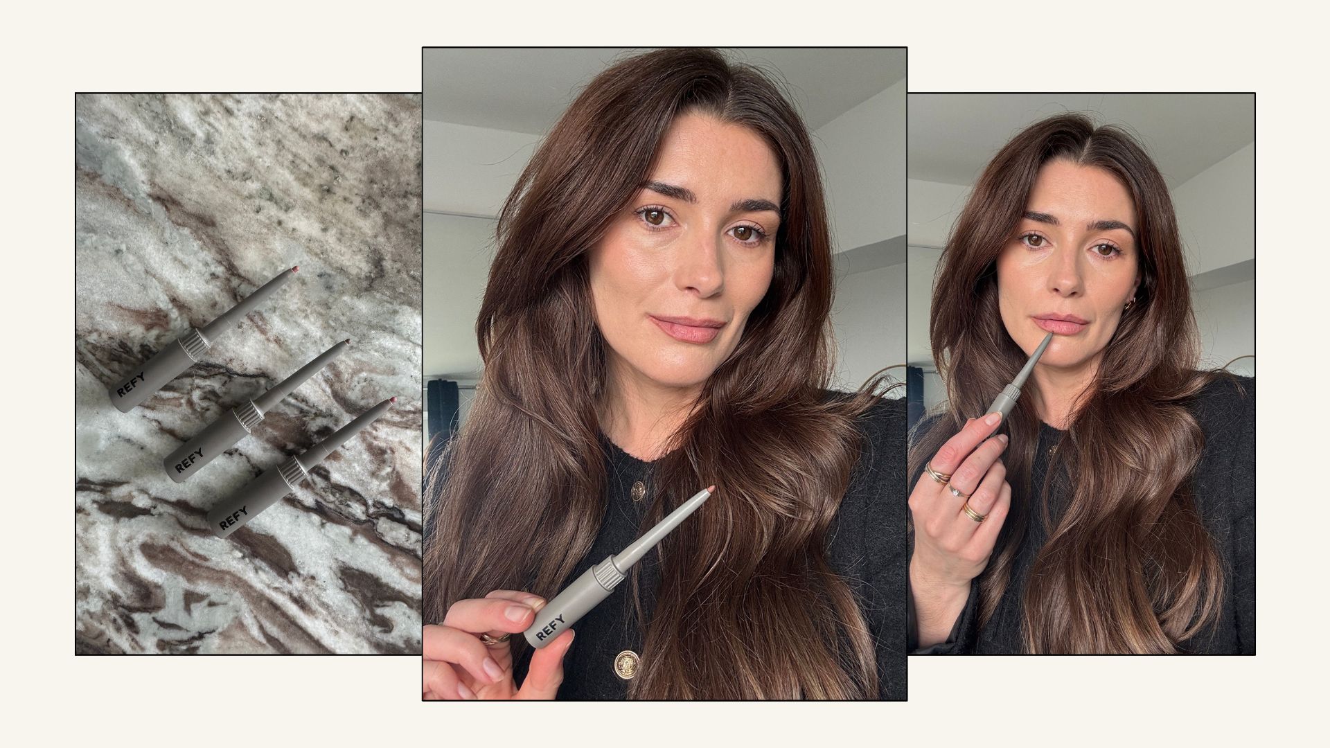 Collage with pictures of beauty editor Eleanor testing Refy lip liners