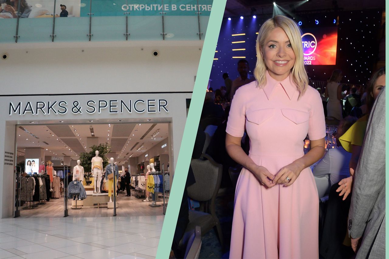 M&amp;S store outside and Holly Willoughby smiling in split image display format